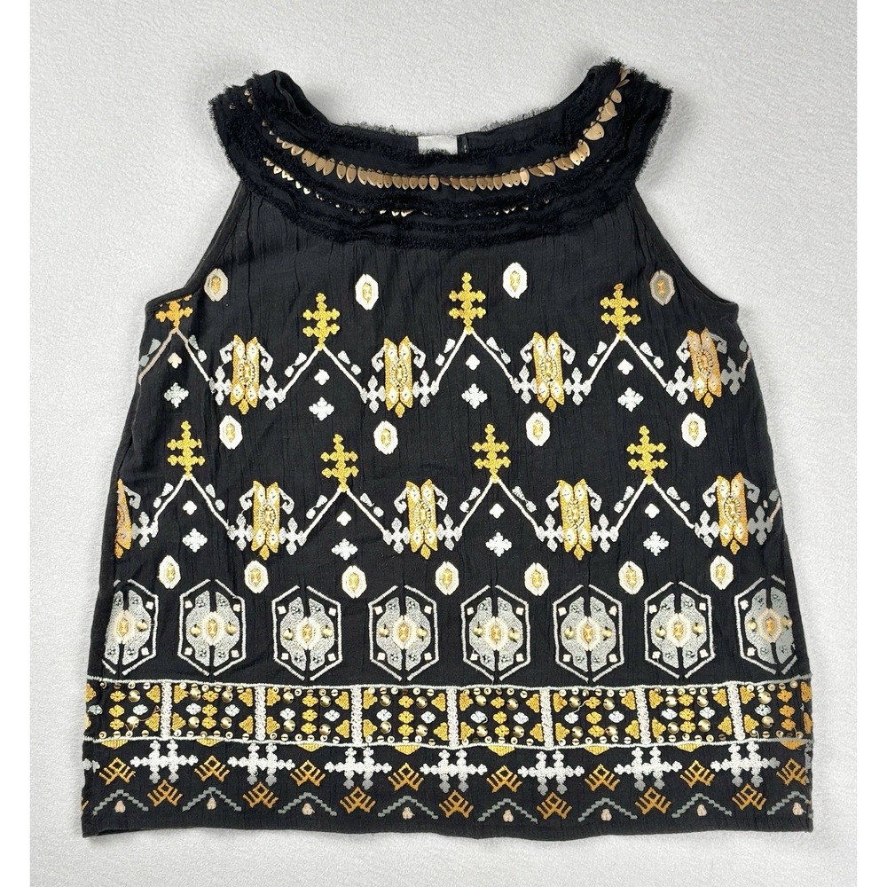 Anthropologie Akemi + Kin Embroidered Beaded Boho Tank Top Black Gold XS